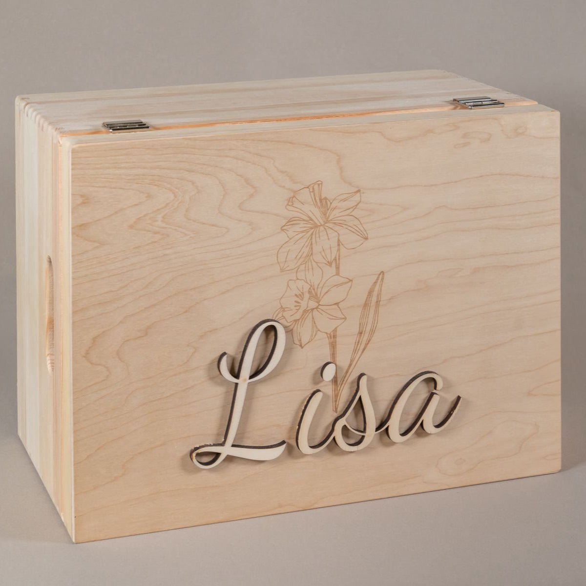 Memorybox met 3D naam en gegraveerde geboortebloem - Leuk en Mooi